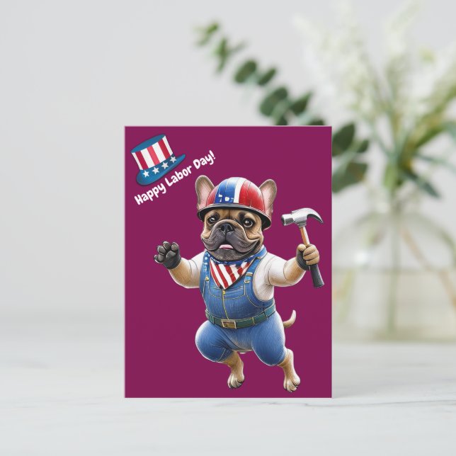 Carte Postale Bouledogues français Bonne fête du Travail  (Debout devant)