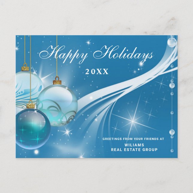 Carte Postale Boules de Noël Blue Sparkle Salutation d'entrepris (Devant)