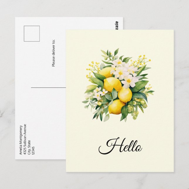 Carte Postale Bouquet de citron aux fleurs blanches Bonjour (Devant / Derrière)
