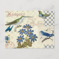 Bouquet de fleurs bleues, d'oiseaux et de papillon
