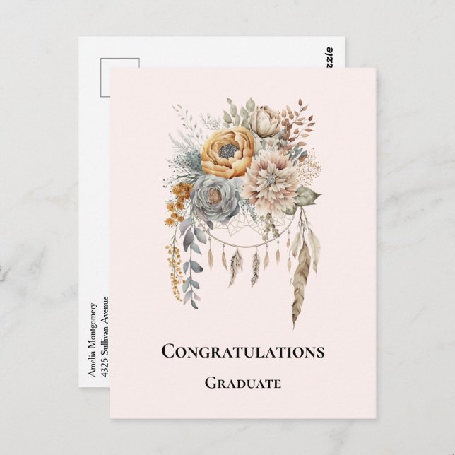 Carte Postale Bouquet de fleurs Boho et Dreamcatcher Graduation (Devant / Derrière)