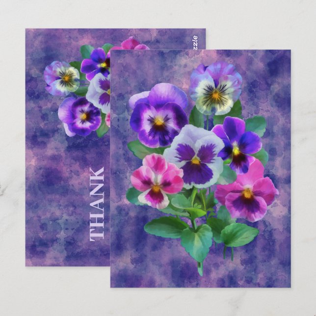 Carte Postale Bouquet de fleurs de violettes pansy MERCI (Devant / Derrière)