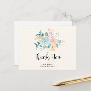 Carte Postale Bouquet de fleurs rose et bleu élégant - Merci