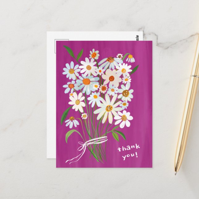 Carte Postale Bouquet de pâquerettes aquarelle peinte à la main  (Devant/Arrière en situation)