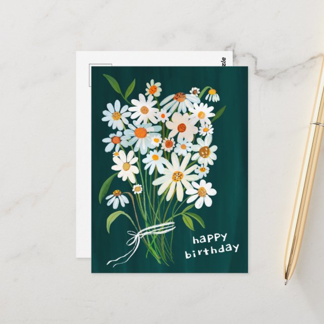 Carte Postale Bouquet de pâquerettes Joyeux anniversaire Gouache (Devant/Arrière en situation)