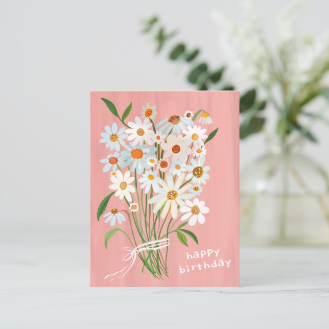 Carte Postale Bouquet de pâquerettes Joyeux anniversaire rose bl (Debout devant)