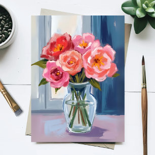 Carte Postale Bouquet de rose rose Vase en verre floral romantiq