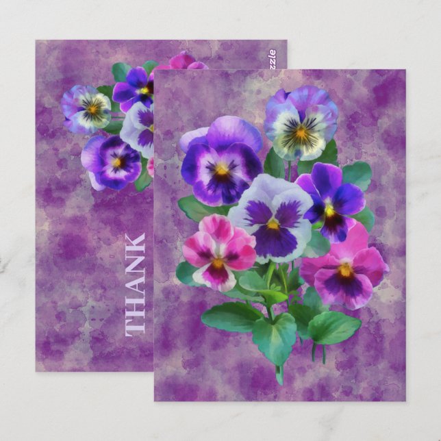 Carte Postale Bouquet de Violets Pansy Fleurs MERCI (Devant / Derrière)
