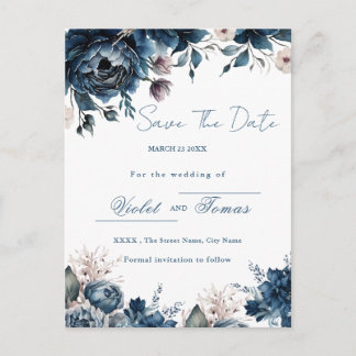 Carte Postale Bouquet floral aquarelle bleu marine Save The Date