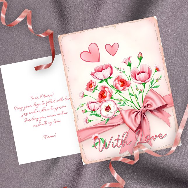 Carte Postale Bouquet floral élégant rose et blanc avec des cœur (Créateur téléchargé)
