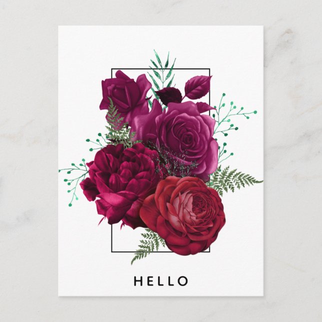 Carte Postale Bouquet Floral Rose Magenta Elégant Bonjour (Devant)