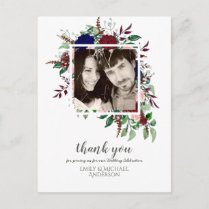 Carte Postale Bouquet Marsala MERCI aux fleurs roses bleues