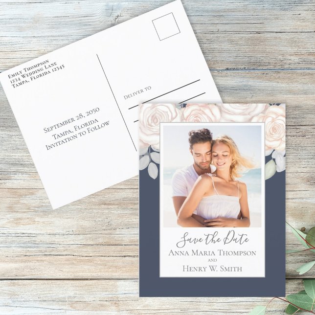 Carte Postale Bouquet simple élégant floral bleu foncé rose (Créateur téléchargé)