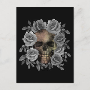 CARTE POSTALE BOUQUET SKULL FLEURS NOIR ET BLANC