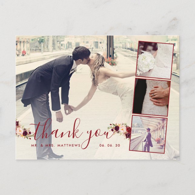 Carte Postale Bourgogne Floral 4 Photo Collage Mariage Merci (Devant)