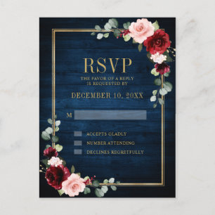 Carte Postale Bourgogne Floral Gold Frame Marine Blue Mariage