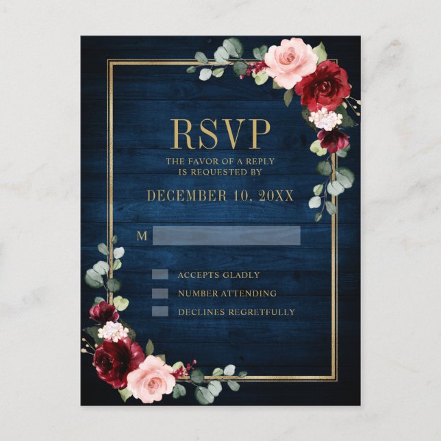 Carte Postale Bourgogne Floral Gold Frame Marine Blue Mariage (Devant)