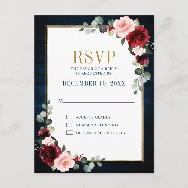 Carte Postale Bourgogne Floral Gold Frame Marine Blue Mariage Po (Devant)