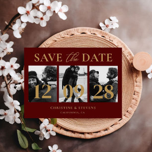 Carte Postale Bourgogne & Gold Script Wedding Enregistrer La Dat