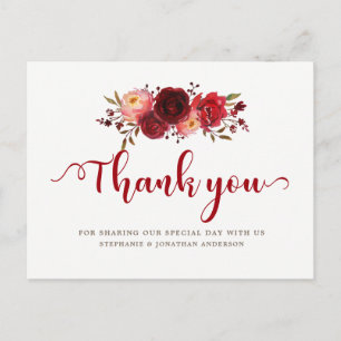 Carte Postale Bourgogne Marsala Roses rouges Merci Floral