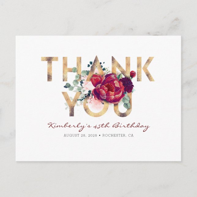 Carte Postale Bourgogne Red Peony Gold Birthday Merci (Devant)