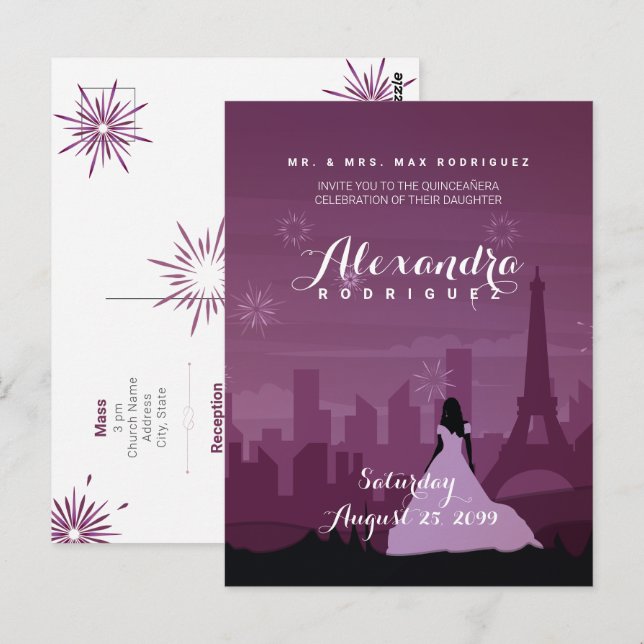 Carte Postale Bourgogne Rose rose Paris Feu d'artifice Quinceañe (Devant / Derrière)