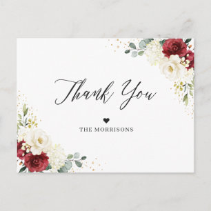 Carte Postale Bourgogne Rouge Blanc Floral Or Confetti Merci