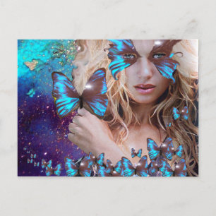 CARTE POSTALE BOUTEILLE BLEUE EN PARKLES OR VERT TURQUOISE