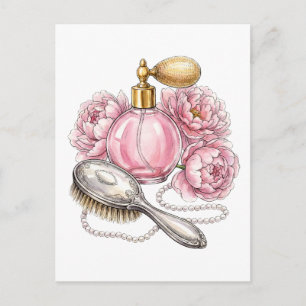 Carte Postale Bouteille de parfum rose vintage et perles