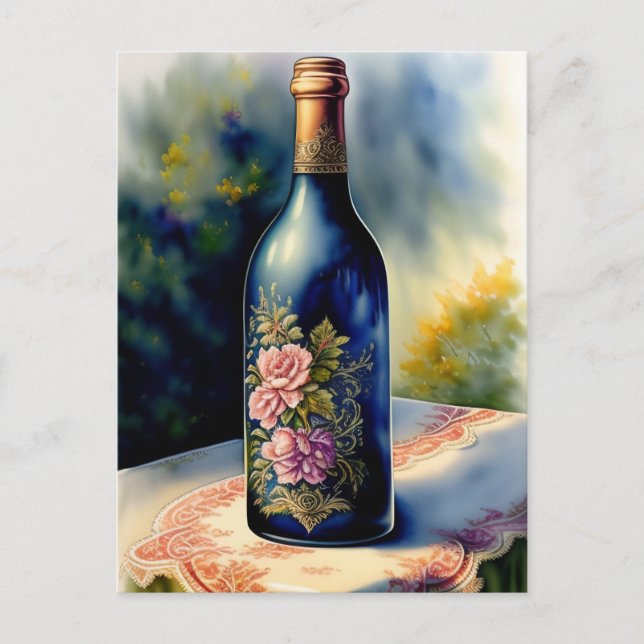 Carte Postale Bouteille de vin florale Art numérique de vie (Devant)