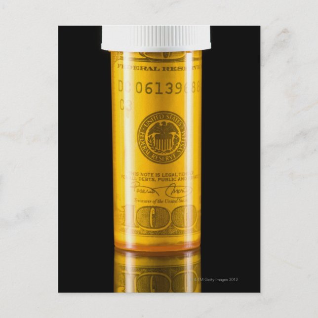 Carte Postale Bouteille d'ordonnance avec billet de cent dollars (Devant)