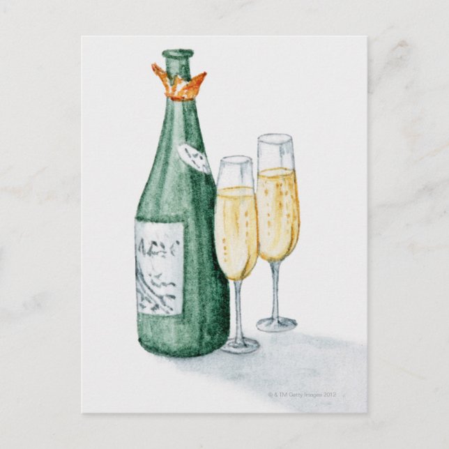 Carte Postale Bouteilles de champagne et deux verres (Devant)