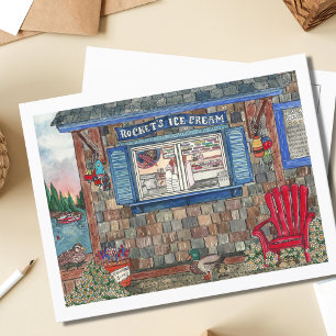 Carte Postale Boutique de crème glacée côtière aquarelle