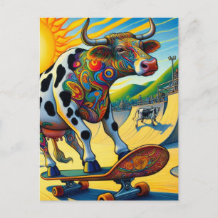 Carte Postale Bovin coloré en skateboard 