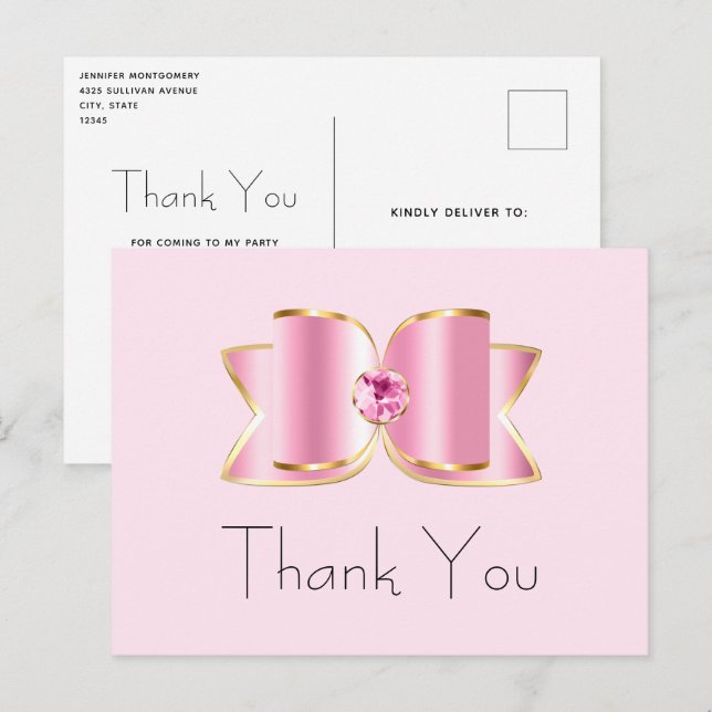 Carte Postale Bow en verre rose avec Merci en pierre angulaire (Devant / Derrière)
