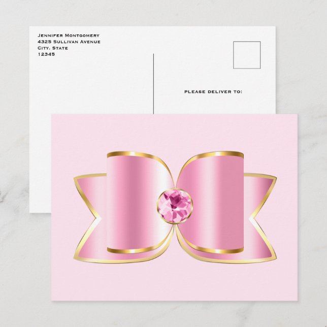 Carte Postale Bow en verre rose avec pierre centrale (Devant / Derrière)