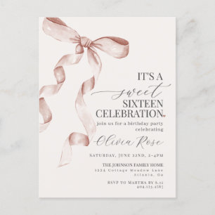 Carte Postale Bow Sweet sixteen Beige Anniversaire Fête Invitati