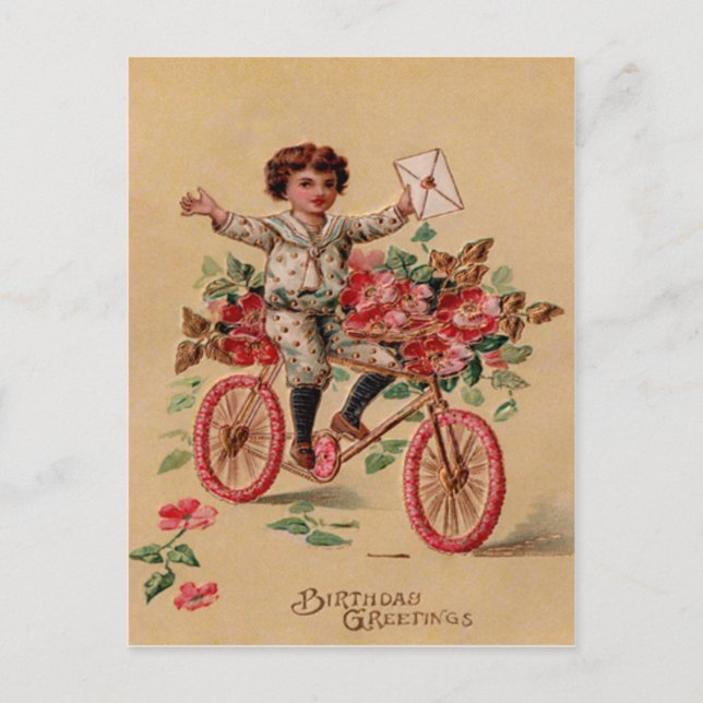 Carte Postale Boy Mail Pink Flower Bicycle Anniversaire (Devant)