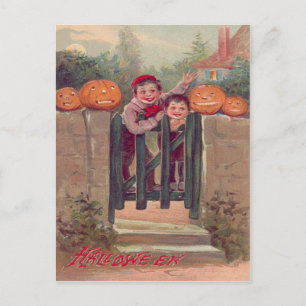 Carte Postale Boys Jack-o'-lantern Citrouille Fence