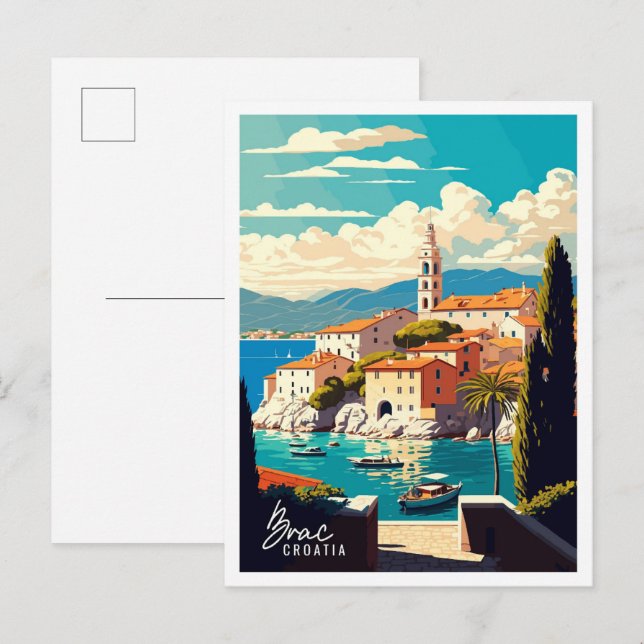 Carte Postale Brac Croatie Illustration de voyage artisanale (Devant / Derrière)