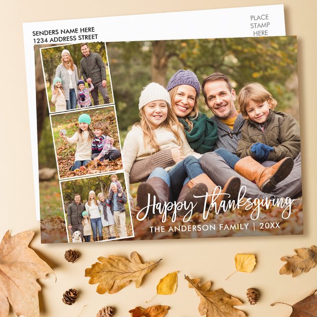 Carte Postale Bracelet Script Bon thanksgiving famille 4 photo (Customize to change your personalized text size or text style.)