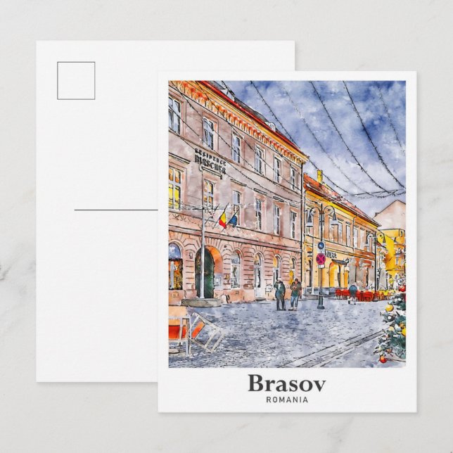 Carte Postale Brasov Roumanie Voyage Aquarelle main tirée (Devant / Derrière)