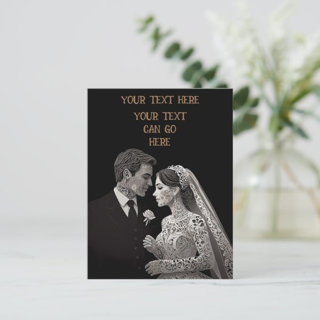 Carte Postale Bride & Groom Delicate blanc sur noir (Debout devant)