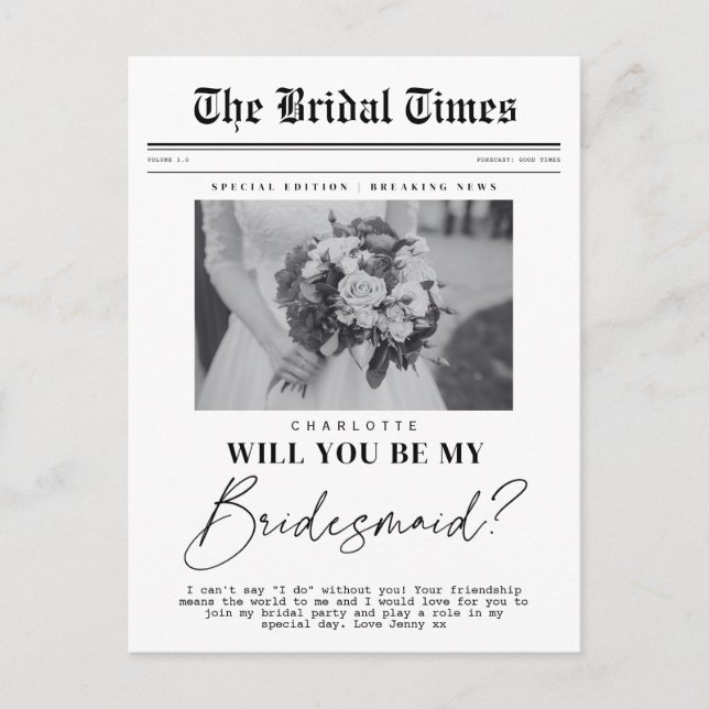 Carte Postale Bridesmaid demande, journal personnalisable (Devant)