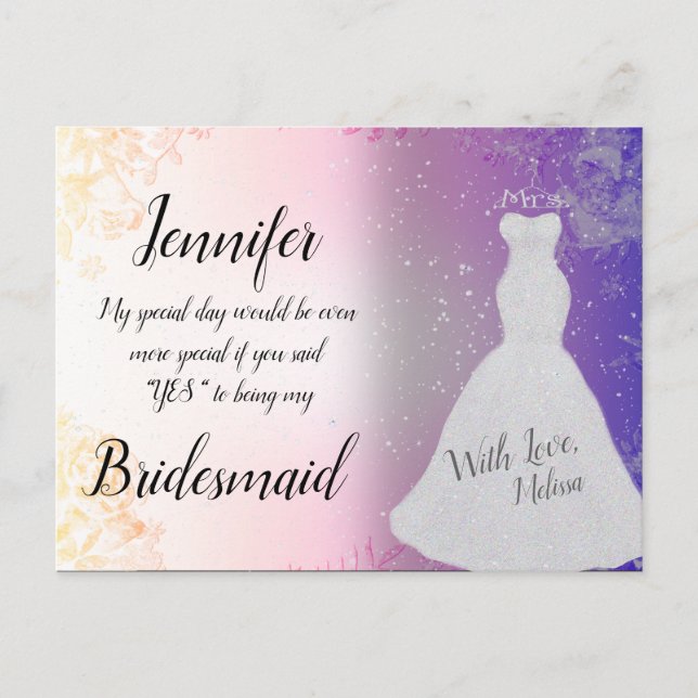 Carte Postale Bridesmaid Pretty Rose avec robe Mariage (Devant)