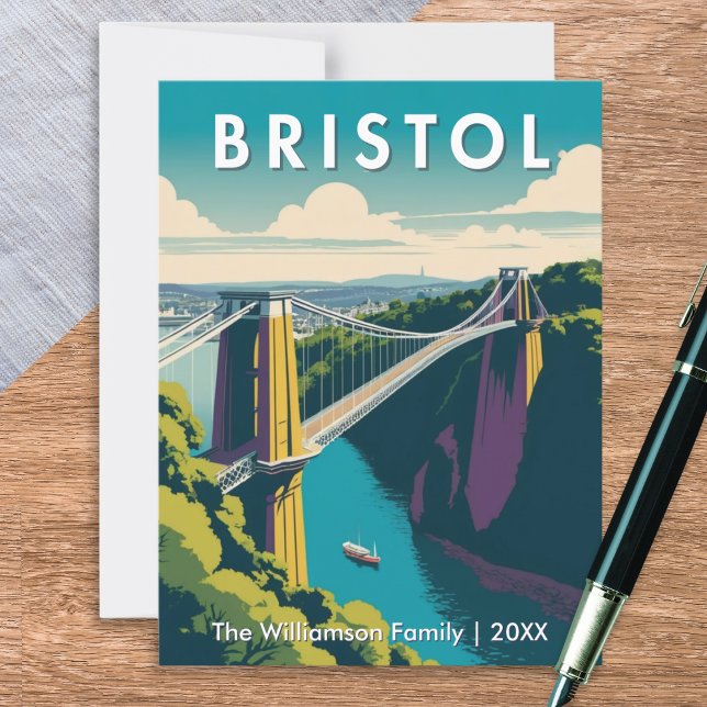 Carte Postale Bristol UK Clifton Suspension Bridge Retro Custom (A personalized postcard with retro picture of the Clifton Suspension Bridge, Bristol, UK)