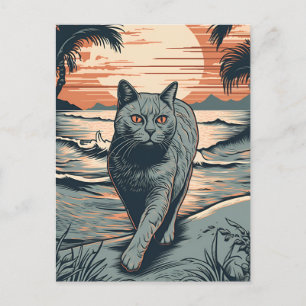 Carte Postale British Shorthair cat sur une plage tropicale