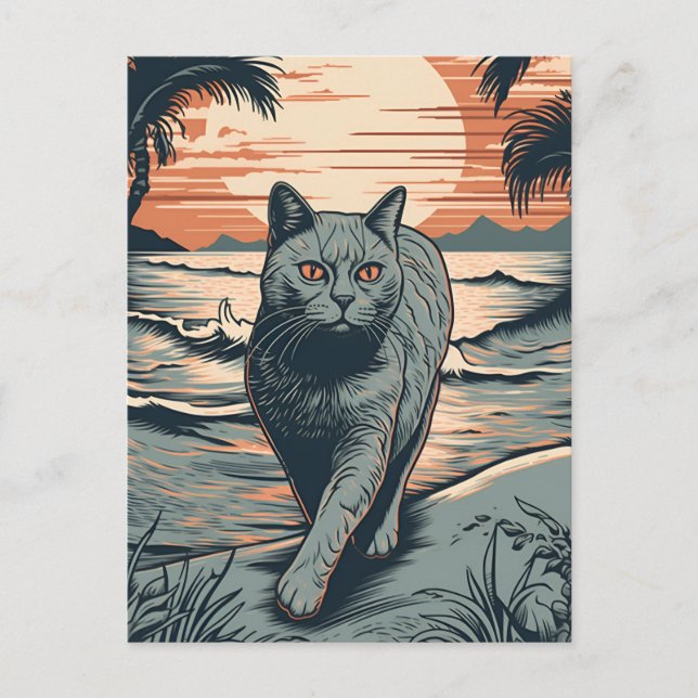 Carte Postale British Shorthair cat sur une plage tropicale (Devant)