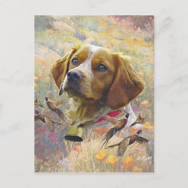 Carte Postale Brittany Spaniel Art, Chasse de faisan (Devant)