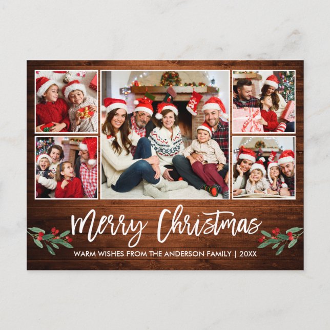 Carte Postale Brochure moderne Script Wood 5 Photo Famille Noël (Devant)